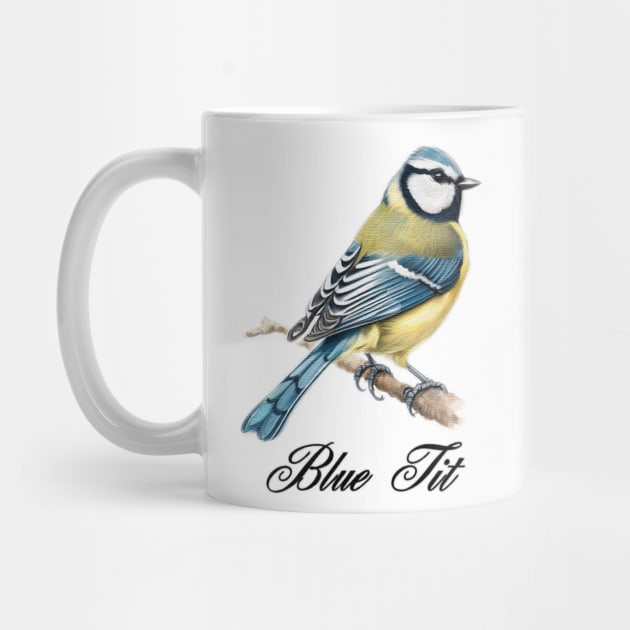 a blue tit is sitting on a branch by JnS Merch Store